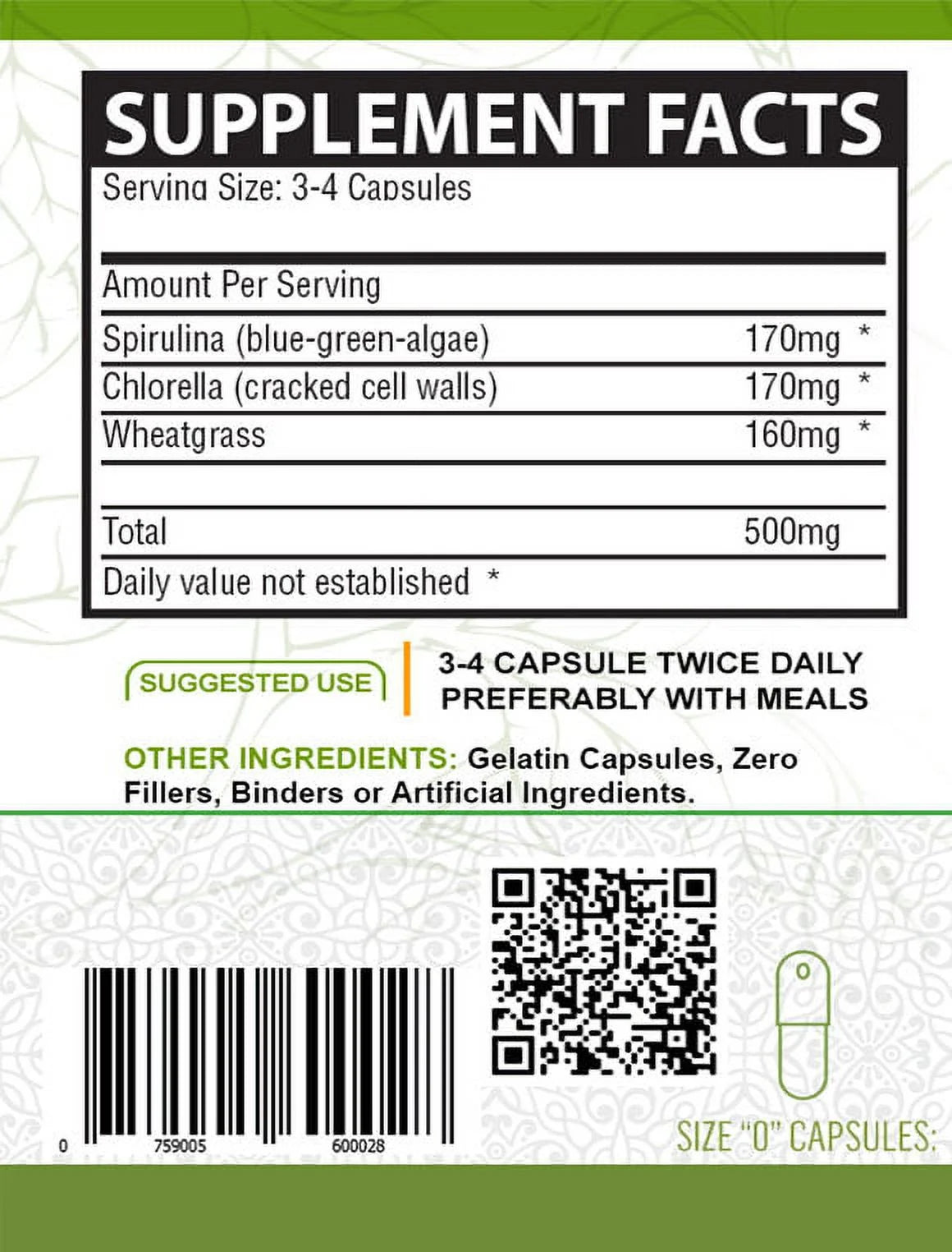 PURE ORGANIC SPIRULINA + CHLORELLA + WHEATGRASS EXTRACT CAPSULES (500Mg)
