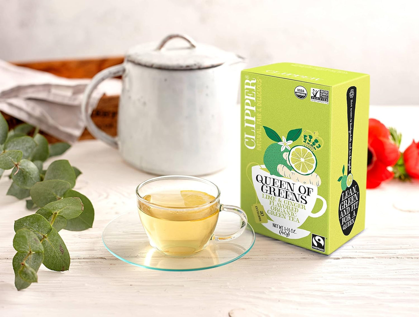 Organic Fairtrade Green, Lime & Ginger, Queen of Greens - USDA Organic, Non-Gmo, Fair Trade, Sustainable Caffeinated British Tea, 6 Pack, 120 Unbleached Tea Bags