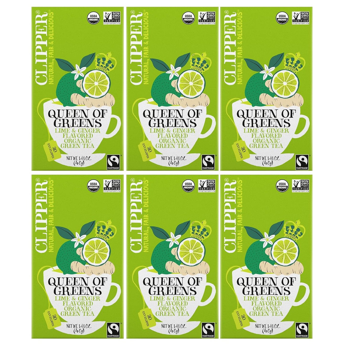 Organic Fairtrade Green, Lime & Ginger, Queen of Greens - USDA Organic, Non-Gmo, Fair Trade, Sustainable Caffeinated British Tea, 6 Pack, 120 Unbleached Tea Bags