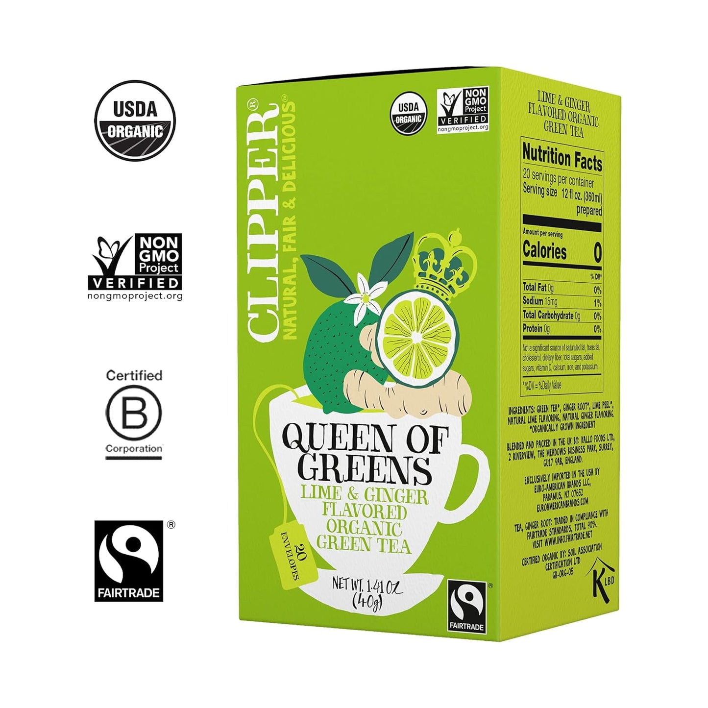 Organic Fairtrade Green, Lime & Ginger, Queen of Greens - USDA Organic, Non-Gmo, Fair Trade, Sustainable Caffeinated British Tea, 6 Pack, 120 Unbleached Tea Bags