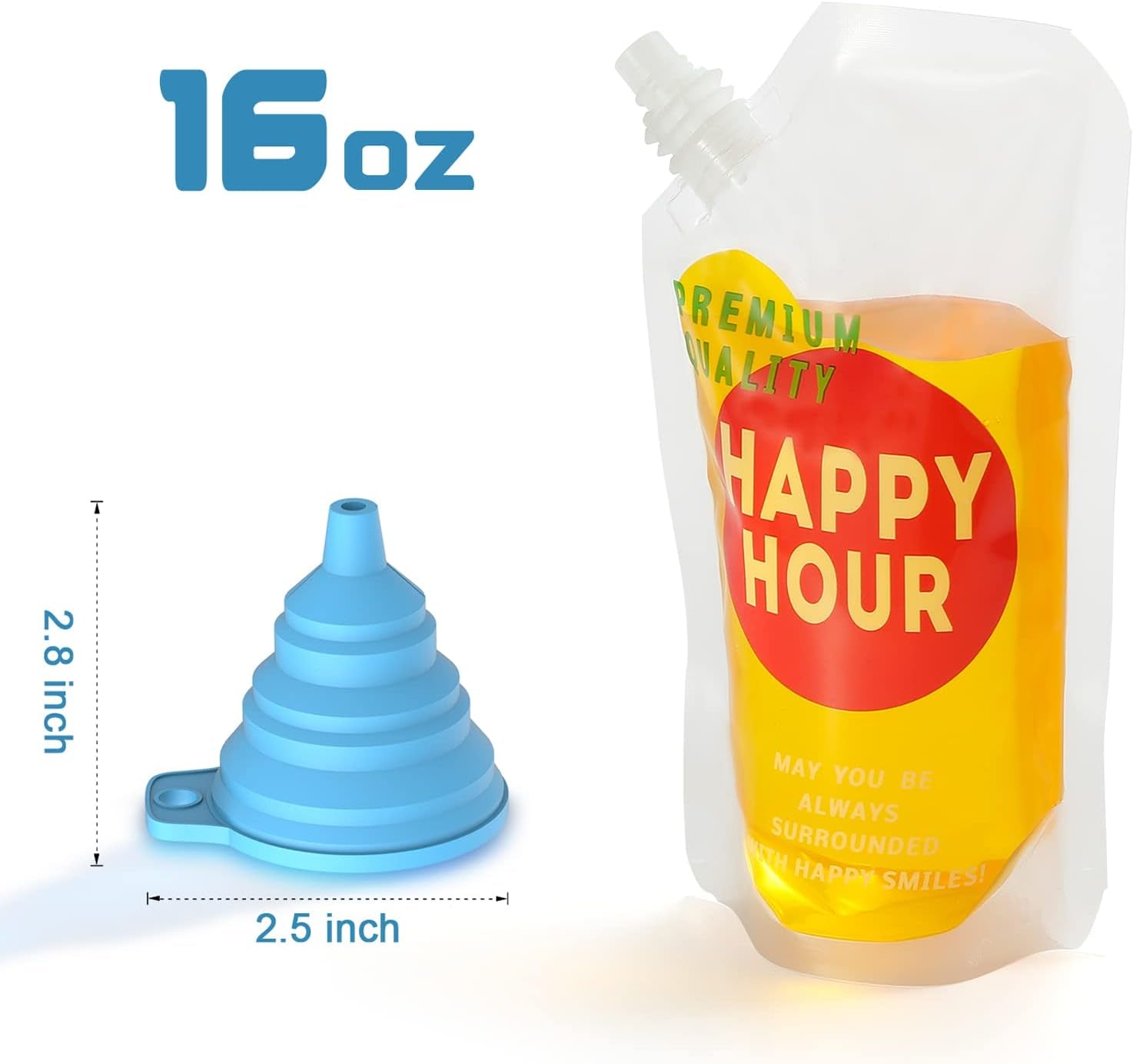 Plastic Flask Drink Pouches Drink Bags 16 Oz | 6 Pcs, for Adults, Reusable, Disposable, with Funnel