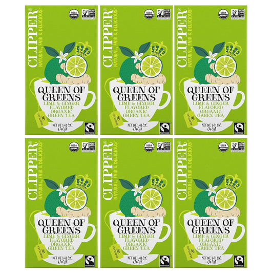 Organic Fairtrade Green, Lime & Ginger, Queen of Greens - USDA Organic, Non-Gmo, Fair Trade, Sustainable Caffeinated British Tea, 6 Pack, 120 Unbleached Tea Bags