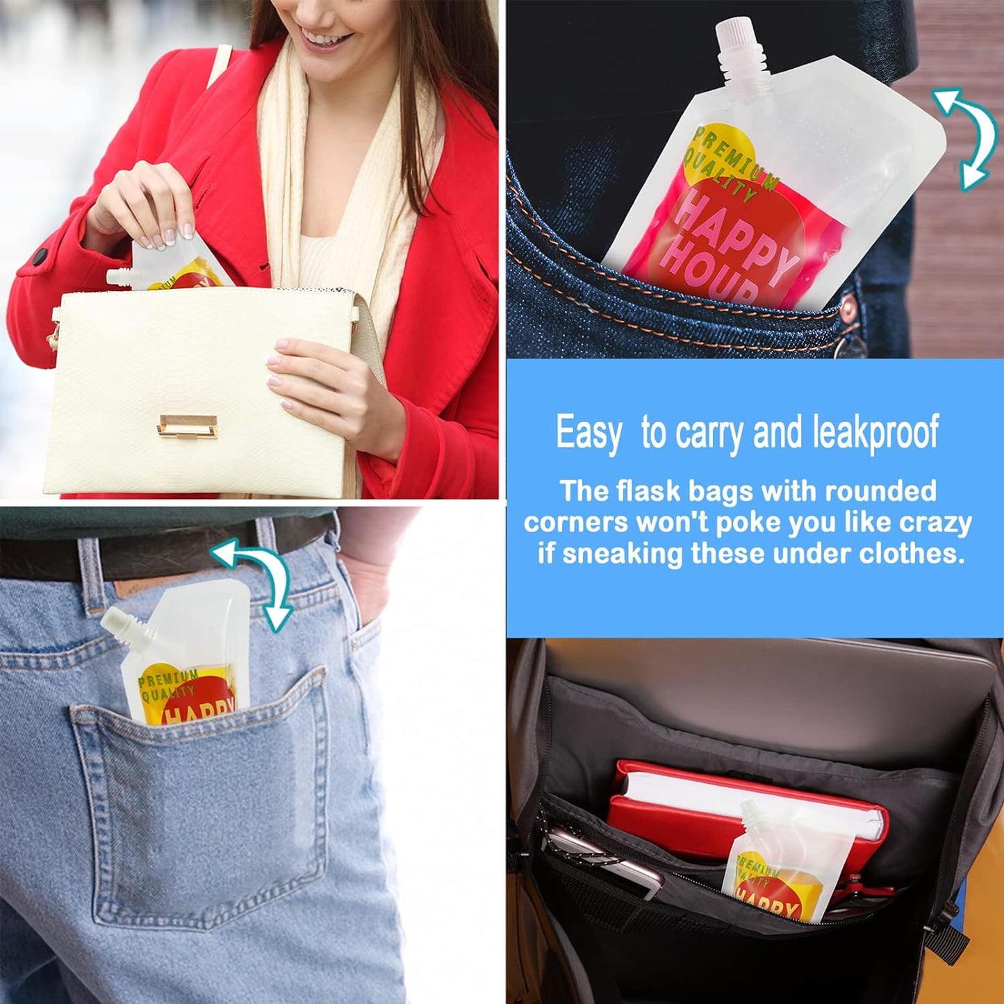 Plastic Flask Drink Pouches Drink Bags 16 Oz | 6 Pcs, for Adults, Reusable, Disposable, with Funnel