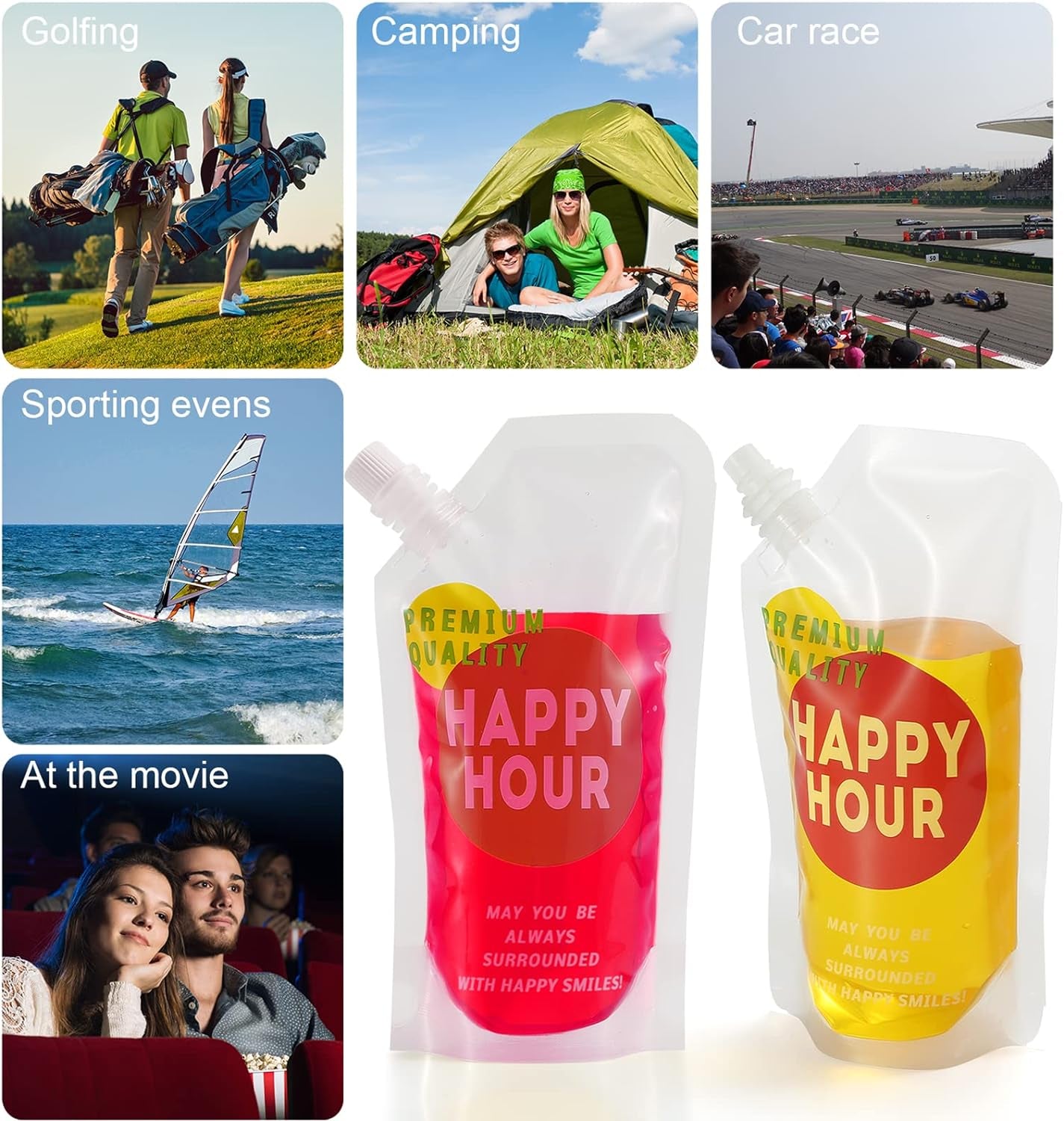 Plastic Flask Drink Pouches Drink Bags 16 Oz | 6 Pcs, for Adults, Reusable, Disposable, with Funnel