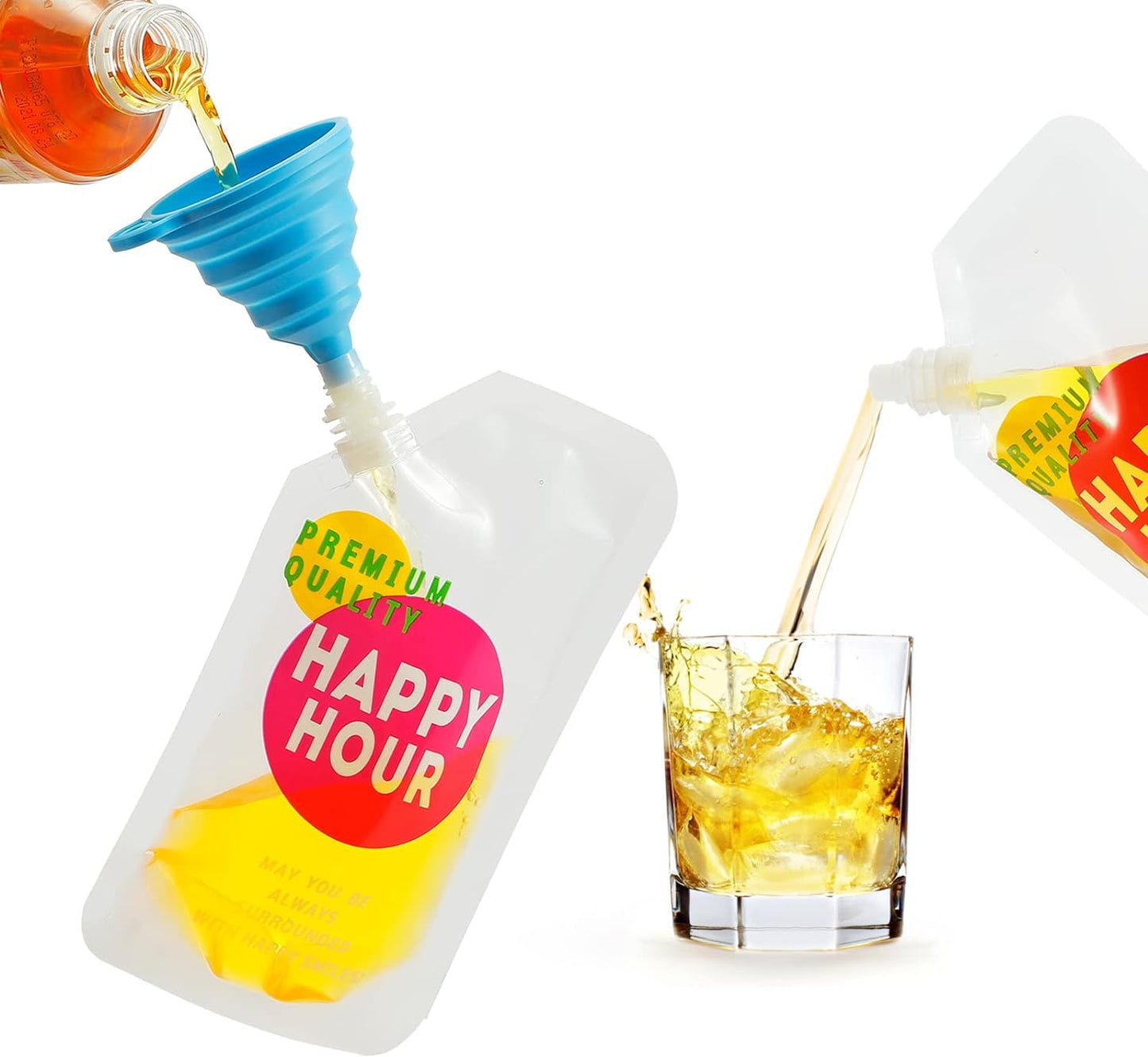Plastic Flask Drink Pouches Drink Bags 16 Oz | 6 Pcs, for Adults, Reusable, Disposable, with Funnel
