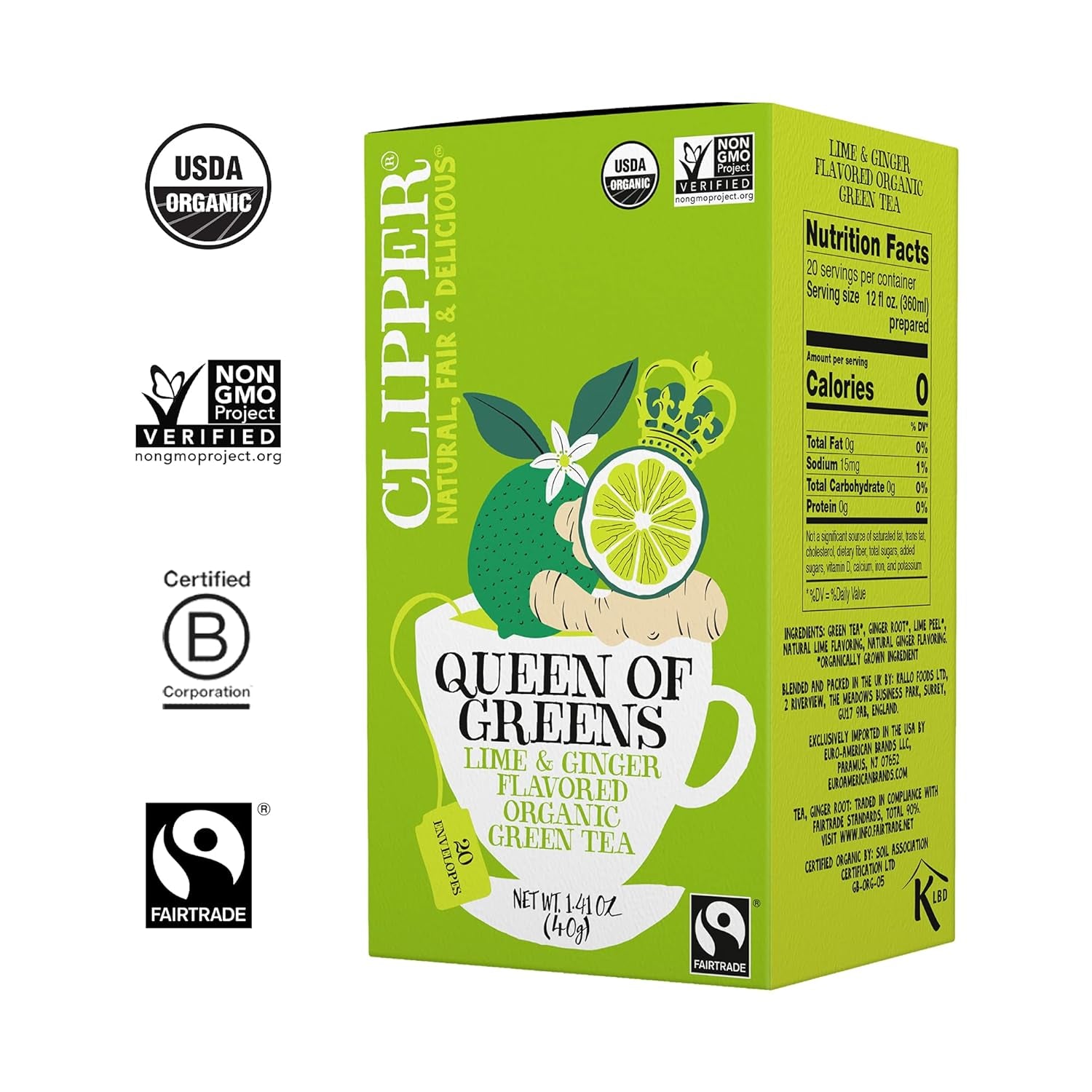 Organic Fairtrade Green, Lime & Ginger, Queen of Greens - USDA Organic, Non-Gmo, Fair Trade, Sustainable Caffeinated British Tea, 6 Pack, 120 Unbleached Tea Bags